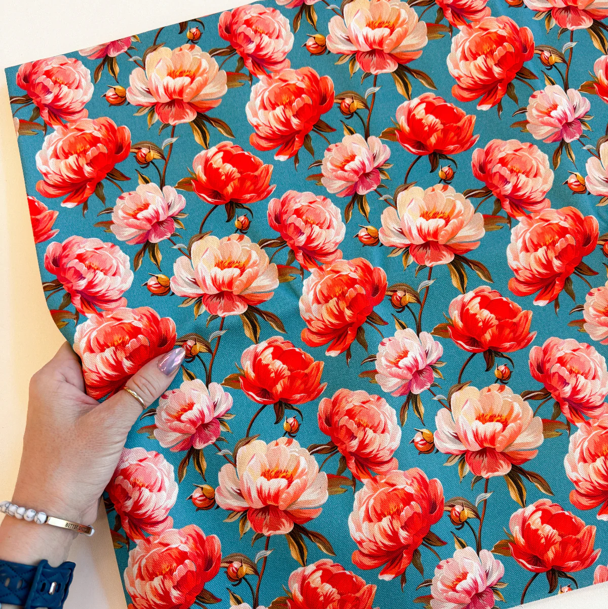 Coral Crush Peonies Canvas Fabric 36" x 58" - Image 3