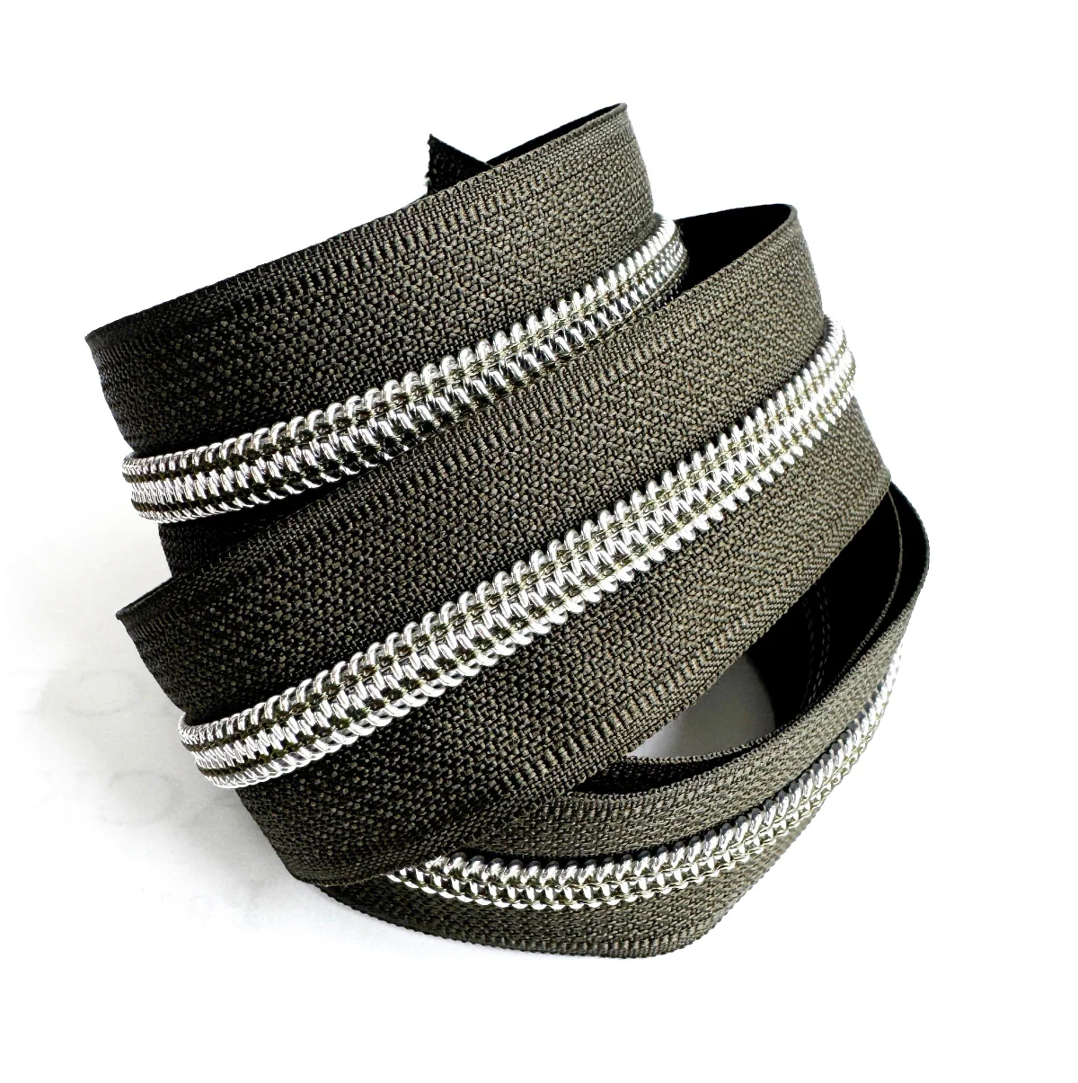 Olive Green Zipper Tape – 1 Yard #5 Size, Silver Teeth, No Pulls
