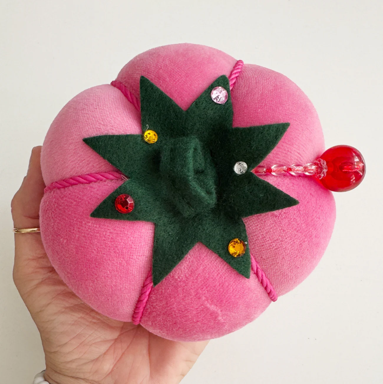 Pink Velvet Tomato Pin Cushion with Colorful Rhinestones