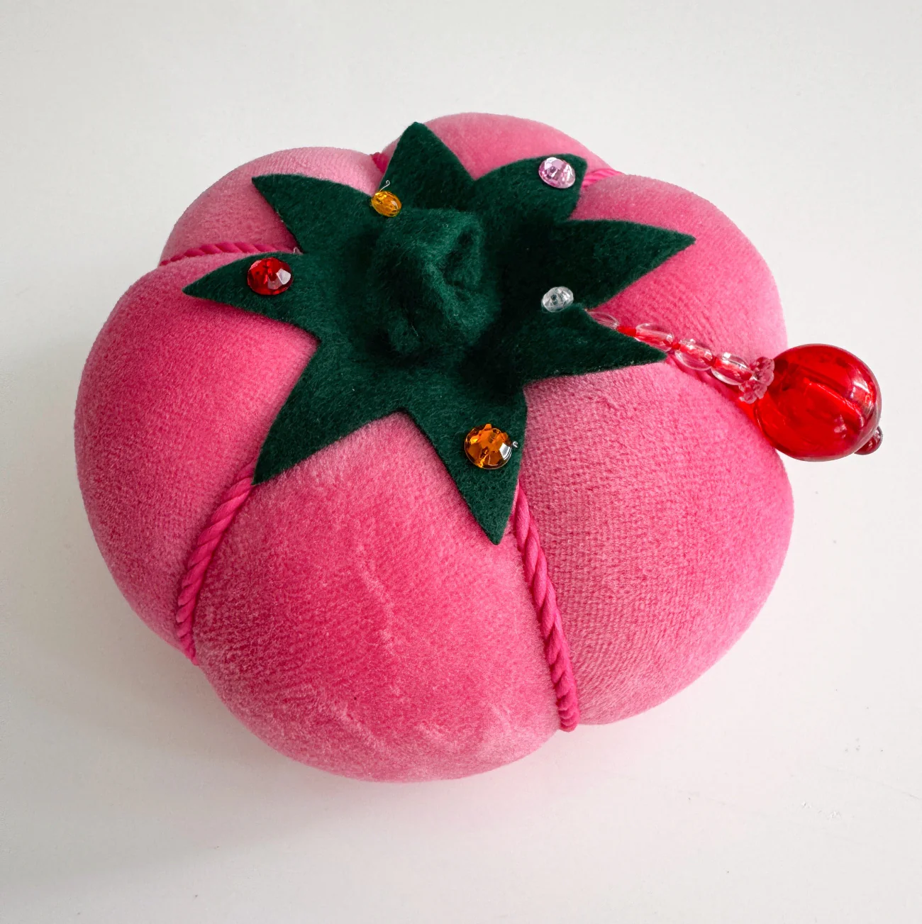 Pink Velvet Tomato Pin Cushion with Colorful Rhinestones - Image 2