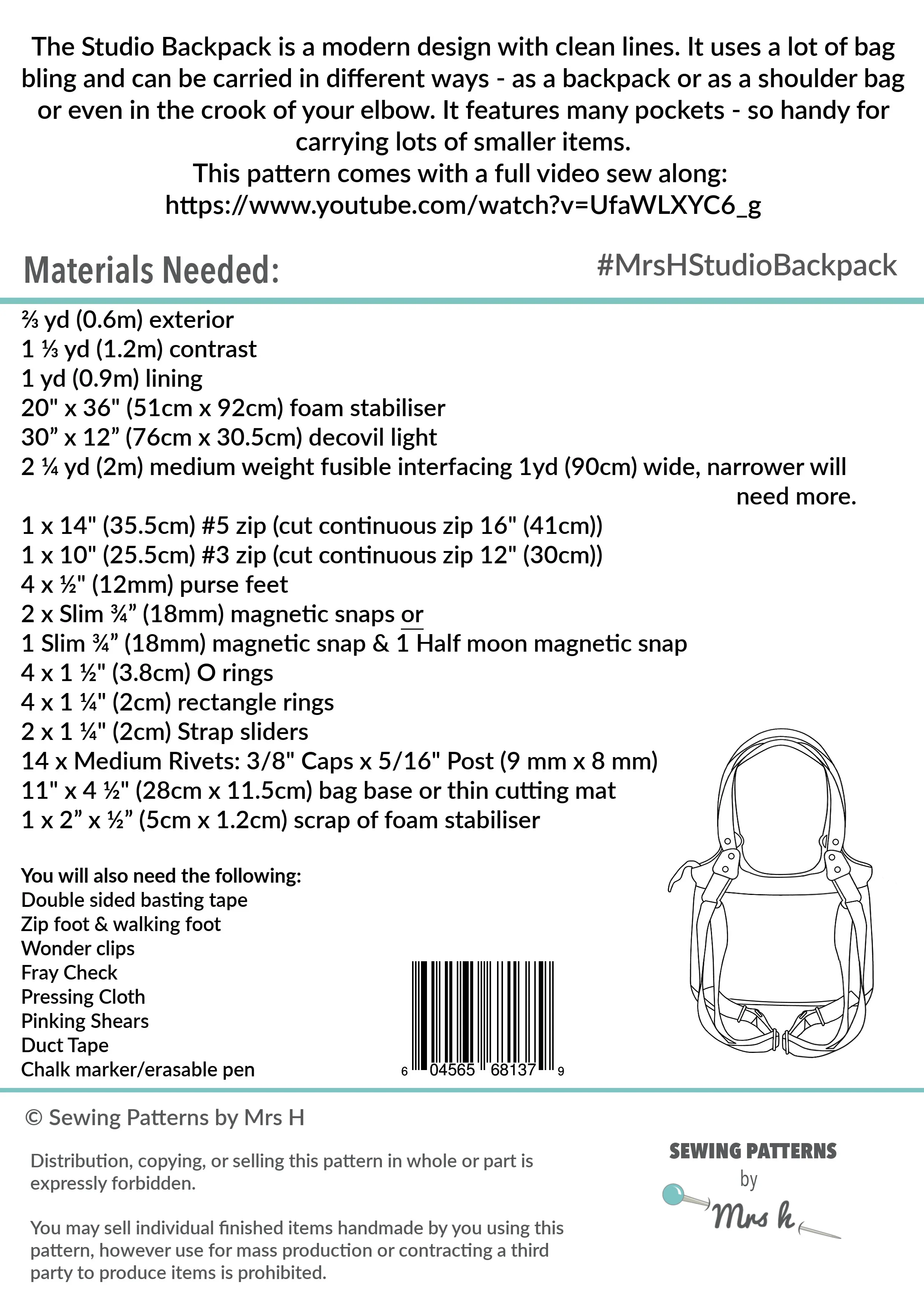 Studio Backpack Sewing Pattern by Mrs H - Printed Paper Pattern - Image 3