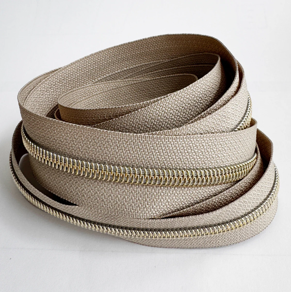 Beige Zipper Tape - #5 Nylon Continuous Zipper 3 Yards with Light Gold Teeth