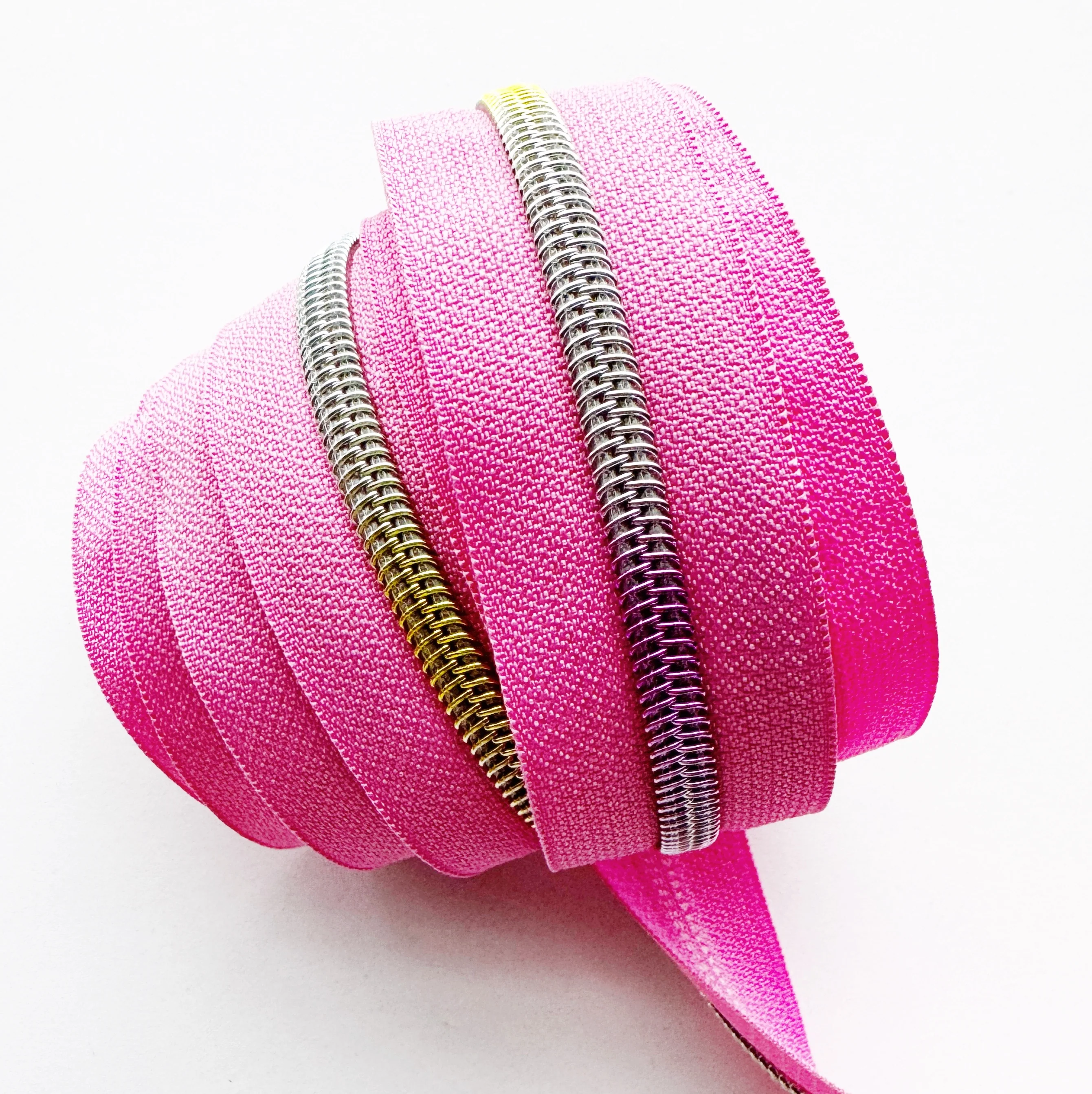 Candy Pink Zipper Tape #5 Rainbow Teeth - 3 Yards Nylon